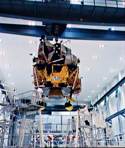 Lunar Module 6 for the Apollo 12 lunar landing mission is moved to an integration work stand in the Kennedy Space Center’s Manned Spacecraft Operations Building.  