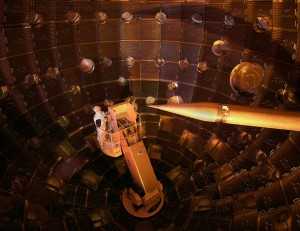The interior of the NIF target chamber. The service module carrying technicians can be seen on the left. The target positioner, which holds the target, is on the right. 