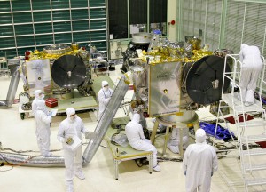 The STEREO spacecraft in the Goddard Space Flight Center cleanroom. 