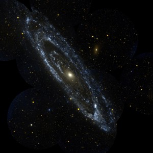 The Andromeda Galaxy, or M31, is our Milky Way’s largest galactic neighbor. The entire galaxy spans 260,000 light-years across—a distance so large, it took ten GALEX images stitched together to produce this view of the galaxy next door.