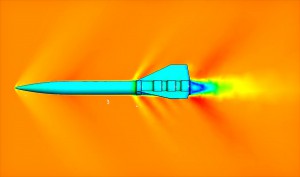 Computational fluid dynamics analysis for the Rocket University advanced rockets workshop. The second stage was analyzed at Mach 1.4 to determine the aerodynamic performance of the rocket at its maximum expected velocity. The colors in the image correspond to velocity of the air, with multiple minor shockwaves seen emanating from the rocket as it flies supersonic. 