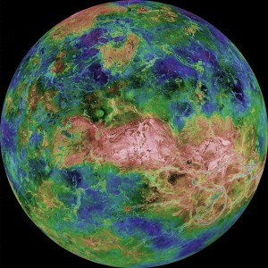 This hemispheric view of Venus, as revealed by more than a decade of radar investigations culminating in the 1990-1994 Magellan mission, is centered at 90 degrees east longitude. The Magellan spacecraft imaged more than 98 percent of Venus at a resolution of about 100 meters; the effective resolution of this image is about 3 kilometers. Credit: NASA/JPL-CalTech