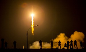 Launch of the Soyuz TMA-16M spacecraft carrying one-year crew NASA astronaut Scott Kelly and Russian cosmonaut Mikhail Kornienko, as well as Expedition 43 flight engineer Padalka, to the ISS. Photo Credit: NASA/Bill Ingalls
