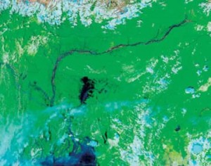 Images of Earth provide key data to the U.S. Department of Agriculture Foreign Agricultural Service (FAS), data that can be used to predict the amount of crop damage that might have been caused by natural disasters, such as flooding and volcanic eruptions. (footnote 5) In late summer 2002, heavy monsoon rains led to massive flooding in eastern India, Nepal, and Bangladesh. This combined true- and false- color image acquired by the Moderate Resolution Imaging Spectroradiometer (MODIS) aboard NASA’s Terra spacecraft shows the extent of this flooding. 