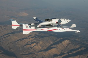 High above the Mojave desert, White Knight carries SpaceShipOne aloft for the first of its two Ansari X PRIZE-winning flights.