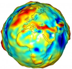 Gravity model figure of Europe and Africa prepared by The University of Texas Center for Space Research as part of a collaborative data analysis effort with the NASA Jet Propulsion Laboratory and the GeoForschungsZentrum Potsdam.  