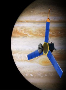 Artist’s conception of the Juno spacecraft orbiting Jupiter.