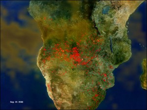 The fires that raged across southern Africa in August and September of 2000 produced a thick “river of smoke.” NOAA’s Advanced Very High- Resolution Radiometer measured the fires and TOMS measured the smoke index.  
