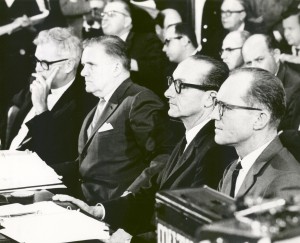 Seated at the witness table before the Senate Committee on Aeronautical and Space Services hearing on the Apollo 1 accident are (left to right) Dr. Robert C. Seamans, NASA deputy administrator; James E. Webb, NASA administrator; Dr. George E. Mueller, associate administrator for Manned Space Flight; and Maj. Gen. Samuel C. Phillips, Apollo Program director. In an effort to prevent another such tragedy from occurring, NASA commissioned the General Electric Company and others to develop policies and procedures that became models for civilian space flight safety activities.  