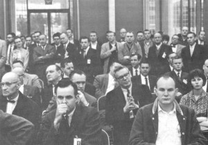 An audience at NASA’s Jet Propulsion Laboratory listens to a description of the final moments of Ranger 6 in 1964. Ranger 6 impacted the moon as planned on February 2, 1964, but a malfunction disabled its camera system.  