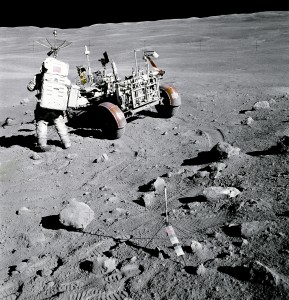 Apollo 16 astronaut Charles M. Duke Jr. stands near the lunar roving vehicle during the second Apollo 16 extravehicular activity at the Descartes landing site. Apollo surface missions such as Apollo 16 provided ample opportunities for discovery-driven science in action by means of human explorers “on site” adapting to what they observed and refining their activities accordingly. 