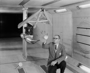 GPN-2000-001739W.C. Sleeman, Jr., inspecting a model of the paraglider proposed for use in Project Gemini. The wing suffered a number of problems and was later canceled, but the team learned from the failure, which helped Project Gemini’s eventual success. 