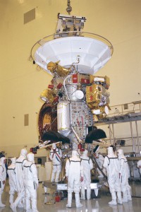 The Cassini spacecraft is mated to the launch vehicle adapter in Kennedy Space Center’s Payload Hazardous Servicing Facility. Cassini was once frequently cited as an example of what NASA should not do because of its size, complexity, and cost. 