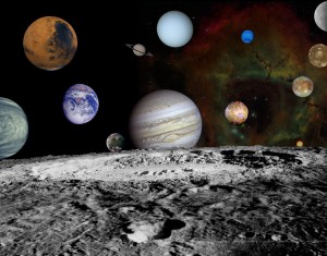 This montage of the nine planets and four large moons of Jupiter in our solar system is set against a false-color view of the Rosette Nebula. Most of the planetary images in this montage were obtained by NASA’s planetary missions, which have dramatically changed our understanding of the solar system in the past thirty years. 