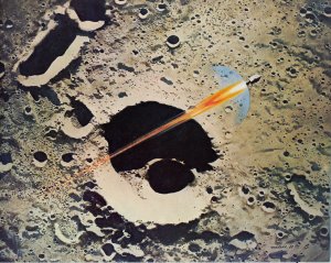 “Apollo 8 Coming Home,” by Robert McCall For the first time, human eyes directly observed the far side of the moon on Christmas Eve 1968. The Apollo 8 rocket engine was fired to bring the spacecraft out of its lunar orbit and home to Earth. McCall created this oil on canvas piece in 1969. 