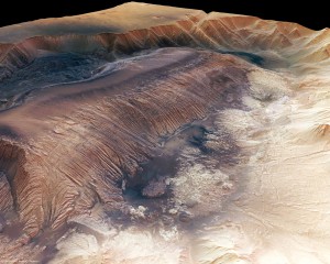 Perspective view of Hebes Chasma obtained by the high-resolution stereo camera (HRSC) on ESA’s Mars Express spacecraft.  