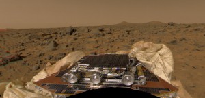 This picture from Mars Pathfinder was taken after the spacecraft landed on July 4, 1997, and shows the Sojourner rover perched on one of three solar panels.  