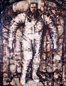 First Steps 1963,” by Mitchell Jamieson In this silver-colored spacesuit, Astronaut Gordon Cooper steps away from his Mercury spacecraft and into the bright sunlight on the deck of the recovery ship after twenty-two orbits of Earth. Jamieson spent two weeks in mid-Pacific Ocean awaiting Cooper’s return. He documented the recovery and medical examination and accompanied the astronaut and recovery team back to Cape Canaveral.  