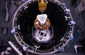 The Phoenix Mars Lander is lowered into a thermal vacuum chamber at Lockheed Martin Space Systems, Denver, in December 2006.  