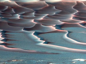 This false-color image taken by the Mars Exploration Rover Opportunity’s panoramic camera shows that dune crests have accumulated more dust than the flanks of the dunes and the flat surfaces between them. 