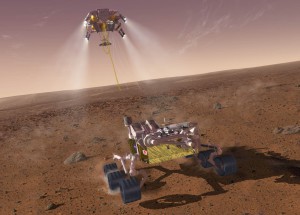 Artist’s rendering of the MSL “sky crane” landing system: a rocket-powered descent stage (upper vehicle) controls the last few miles of descent, lowers the rover on a bridle and umbilical just before touchdown, then separates and falls to the surface away from the rover. The system minimizes rocket interactions with the surface and leaves the rover with its mobility system deployed on Martian soil. 