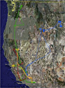 Ikhana flight paths flown during the four 2007 Western States Fire Missions. 