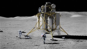 Three crewmembers work in the area of the lunar lander on the lunar surface in this NASA artist’s rendering. 