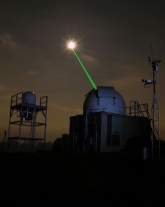 Goddard’s Laser Ranging Facility directs a laser toward the LRO spacecraft in orbit around the moon. 