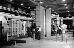 Interior view of Schlieren setup in the 1-foot-by-3-foot supersonic wind tunnel at the NACA Ames Aeronautical Laboratory, Moffett Field, California. 