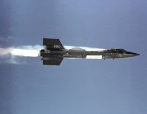 Above: The X-15 research aircraft during its first powered flight on Sept. 17, 1959. 