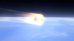 Protected by a PICA-X heat shield in this artist's rendition, the Dragon spacecraft reenters the Earth's atmosphere at around 7 kilometers per second (15,660 mph), heating the exterior of the spacecraft as high as 2,000°C (3,620°F).
