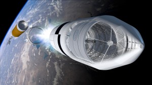 Artist’s concept of the Ares V heading into orbit with a see-through image of an 8-meter monolithic telescope beneath the payload shroud.  