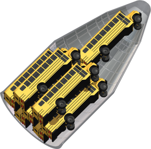 Concept illustration of the Ares V payload shroud, large enough to house eight buses. 