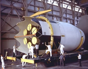 The Saturn I S-IV stage (second stage) assembly for the SA-9 mission underwent a weight and balance test at Cape Canaveral. The S-IV stage had six RL-10 engines arranged in a circle, using liquid hydrogen and liquid oxygen as propellants.  