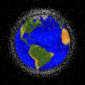 This computer-generated orbital debris graphic displays currently tracked debris objects. 