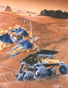 Artist’s concept of the Pathfinder lander and Sojourner rover on Mars. 