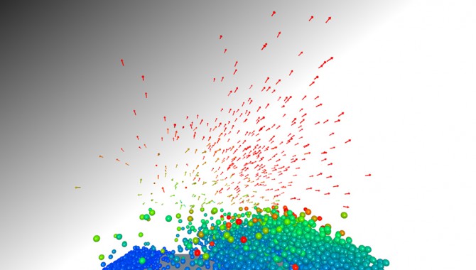 EDEM simulation of dust particles being removed from a dust screen under the influence of an electric field.