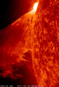 A rather large M 3.6–class flare occurred near the edge of the sun on Feb. 24, 2011; it blew out a waving mass of erupting plasma that swirled and twisted for ninety minutes.