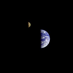 Eight days after its final encounter with Earth, the Galileo spacecraft looked back and captured this remarkable view of Earth and the moon. 