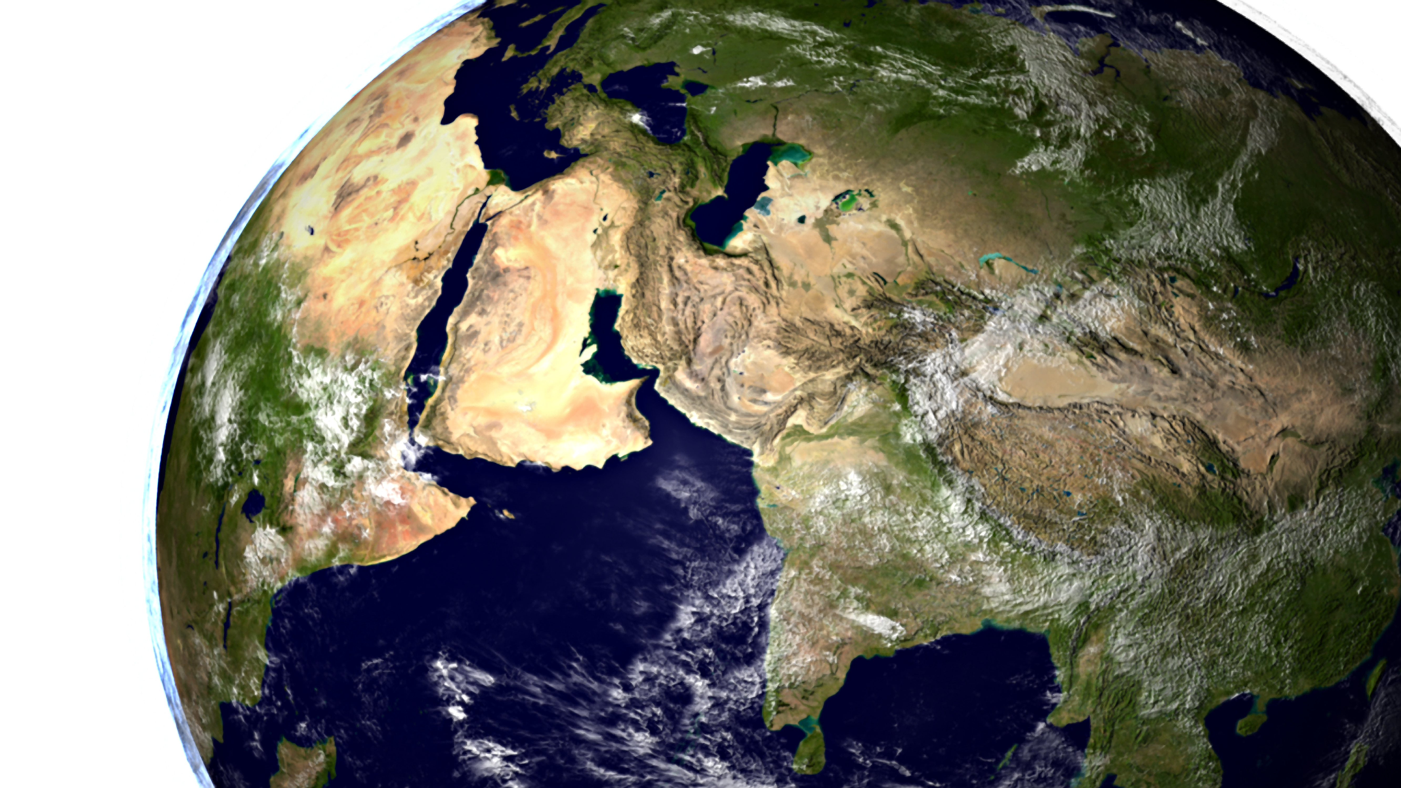 A still from the animation, “Global Precipitation Measurement (GPM) Mission: A fly up the Nile River in Egypt, then a pull-out into space,” showing Saudi Arabia, India, and the Caspian Sea. Image Credit: NASA Goddard Space Flight Center/Scientific Visualization Studio; Blue Marble Next Generation data is courtesy of Reto Stockli (Goddard) and NASA’s Earth Observatory.