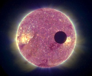 This still from a video shows a lunar transit of the sun captured by the STEREO-B spacecraft. 