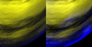 This false-color view was obtained by the Visible and Infrared Thermal Imaging Spectrometer onboard ESA’s Venus Express. 
