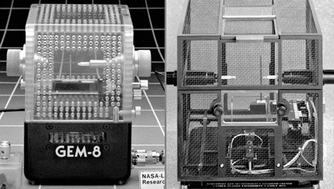 A Lexan box (left) from the original candle experiment and a wire-mesh box later used on Mir.