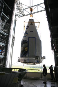 On Launch Complex 41, the Lunar Reconnaissance Orbiter and LCROSS are moved into the mobile service tower.