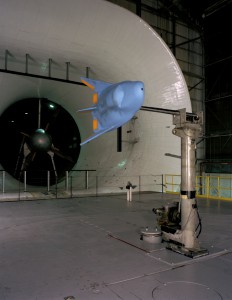 The HL-20 undergoing testing for forced oscillation in pitch, 1989.