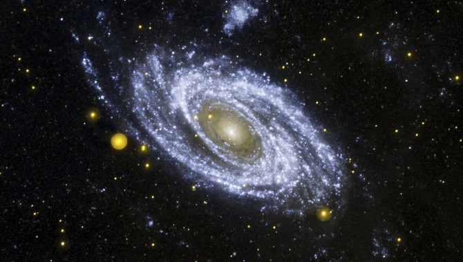 Astronomers used the Galaxy Evolution Explorer (GALEX) telescope to take this deep image in ultraviolet light of the sprawling spiral galaxy M81, hoping to learn where it kept its hot stars