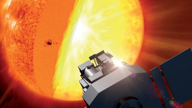 Artist’s concept of the SOHO spacecraft exploring the center of the sun. In reality, the spacecraft does this indirectly, by analyzing ripples on the solar surface that come from the deep interior.