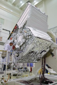 The BepiColombo Mercury Planetary Orbiter structural and thermal model on its ground-handling trolley with the high-temperature thermal blankets (white) partially installed. The conventional thermal blankets (silver) are visible where the high-temperature insulation has yet to be fitted. 