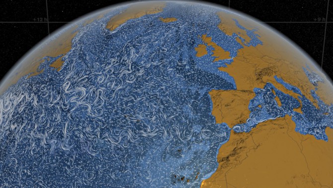 This visualization shows ocean surface currents around the world during the period from June 2005 through December 2007