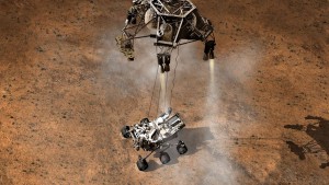 An artist depicts the moment that NASA’s Curiosity rover touches down onto the Martian surface. 